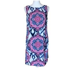 Vince Camuto Blue Pink Sleeveless Ikat Medallion Shift Dress 10 Colorful MS $128